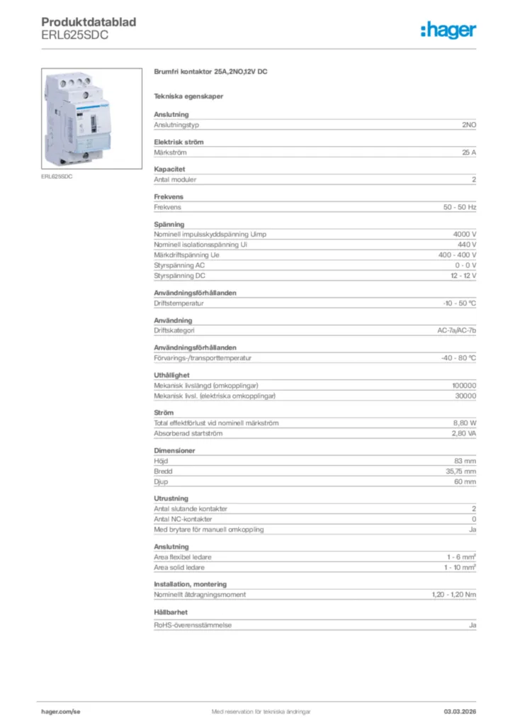 Bild Hager Produktdatablad ERL625SDC | Hager Sverige