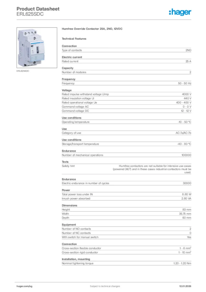 Image Hager Product data sheet ERL625SDC  | Hager
