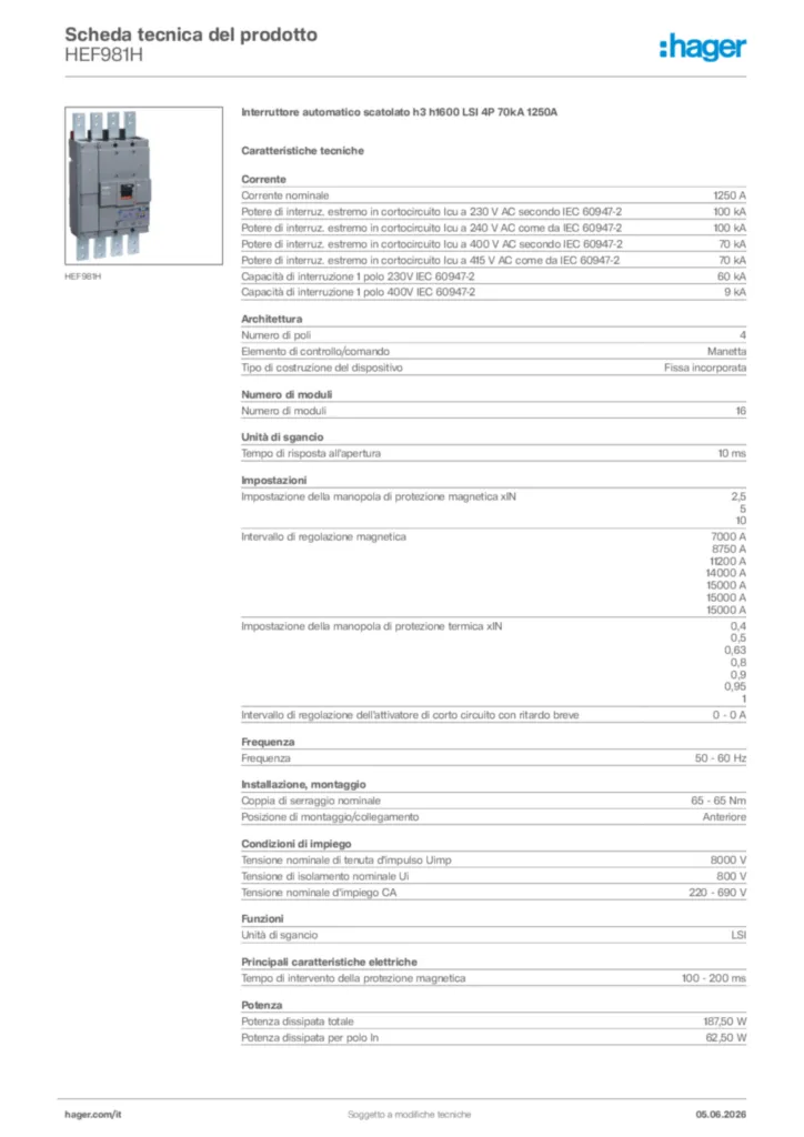 Immagine Hager Scheda tecnica del prodotto HEF981H | Hager Italia