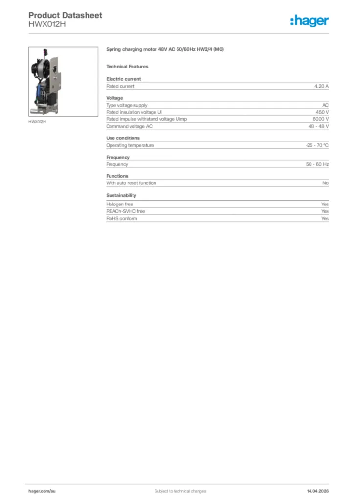 Image Hager Product data sheet HWX012H  | Hager Australia