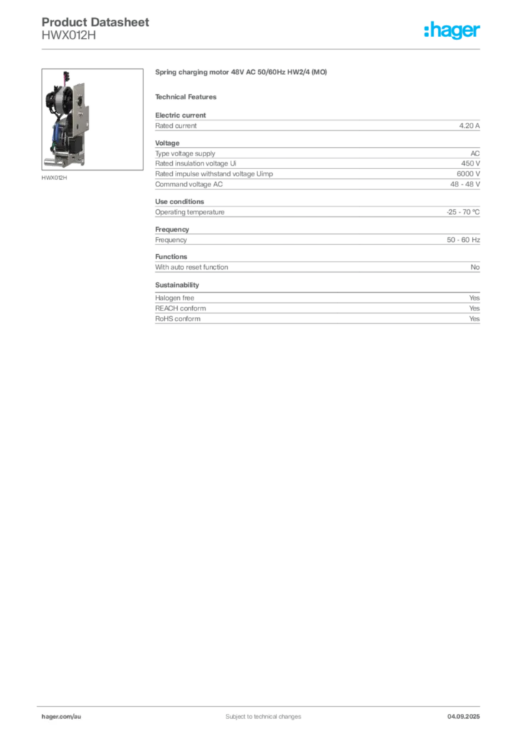 Image Hager Product data sheet HWX012H  | Hager Australia