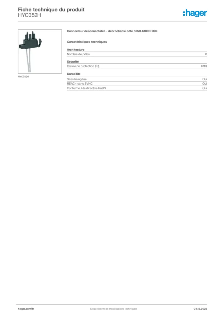 Image Hager Fiche technique du produit HYC352H | Hager France