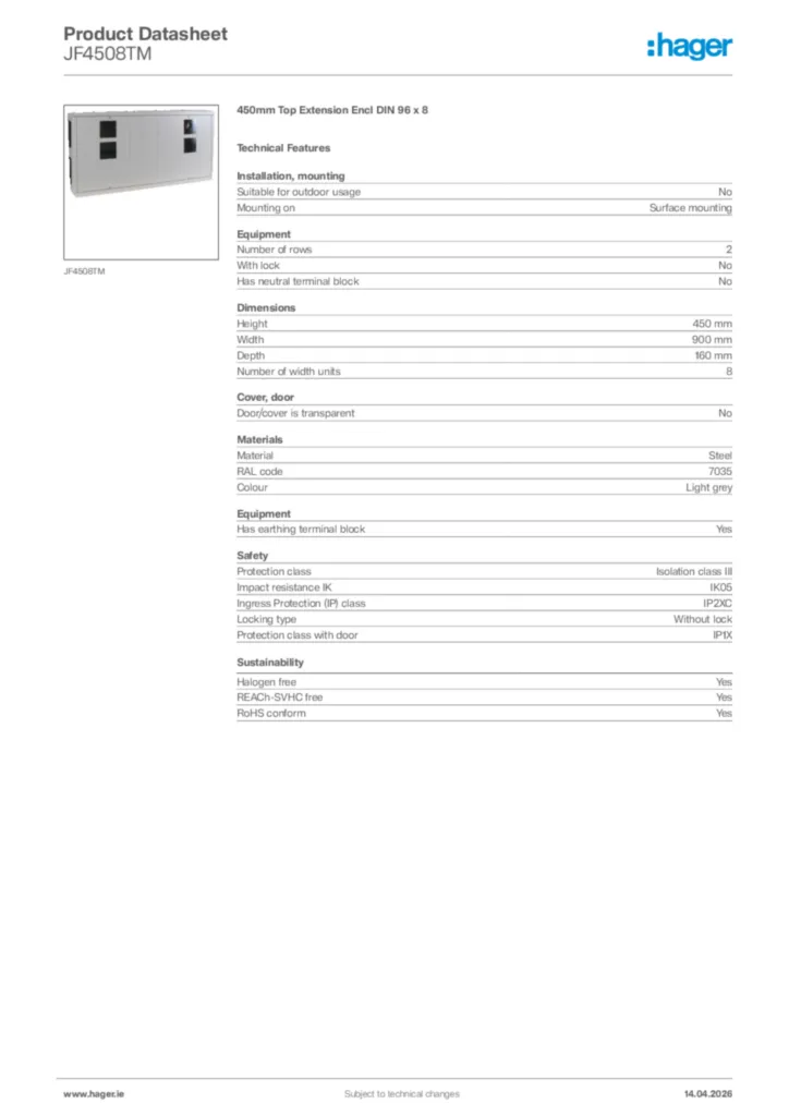 Image Hager Product data sheet JF4508TM  | Hager