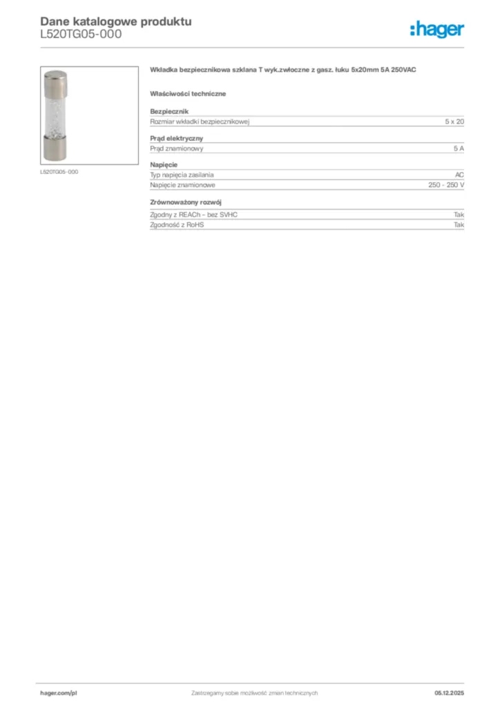 Zdjęcie Hager Karta katalogowa L520TG05-000 | Hager Polska