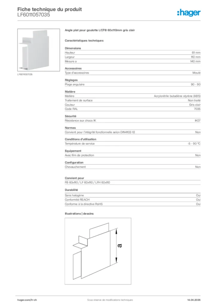 Image Hager Fiche technique du produit LF6011057035 | Hager Suisse
