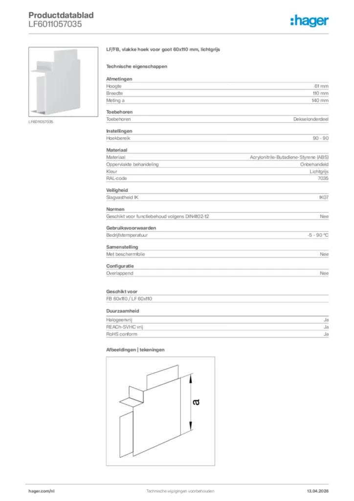 Afbeelding Hager Productdatablad LF6011057035 | Hager Nederland