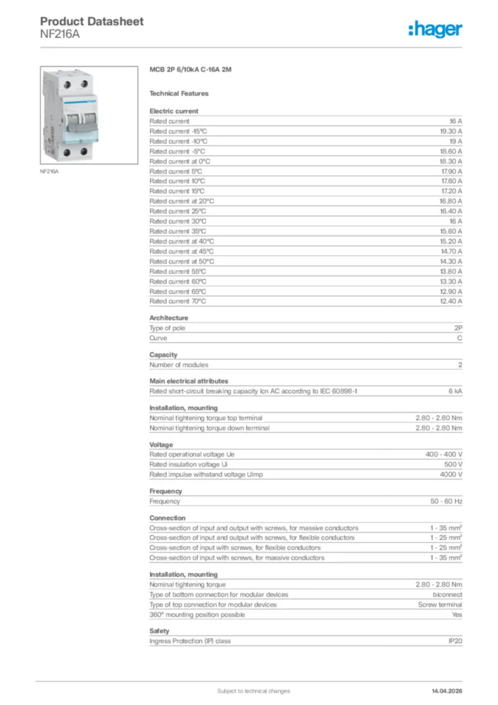 Image Hager Product data sheet NF216A  | Hager Africa