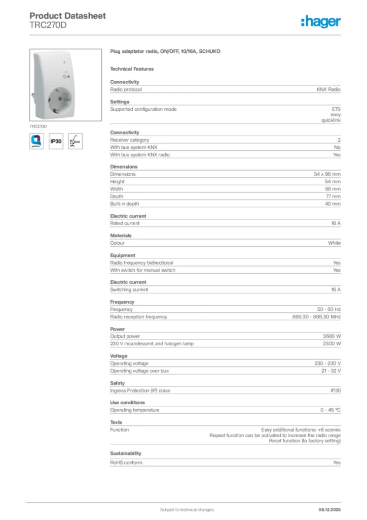 Image Hager Product data sheet TRC270D  | Hager