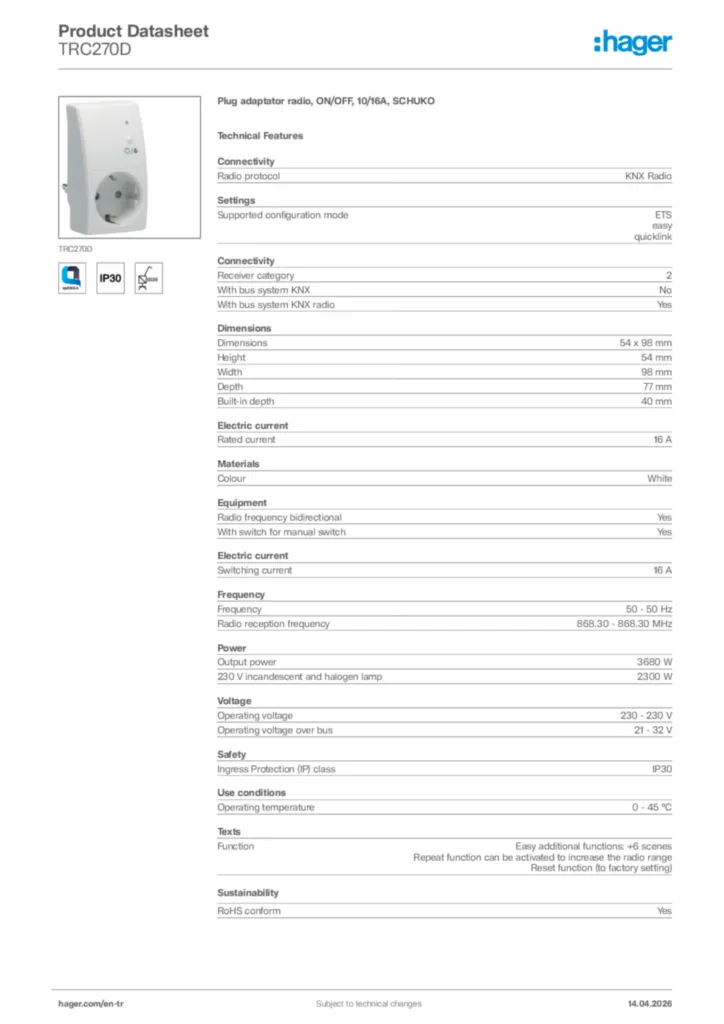 Image Hager Product data sheet TRC270D  | Hager