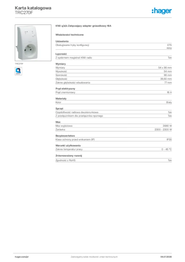 Zdjęcie Hager Karta katalogowa TRC270F | Hager Polska