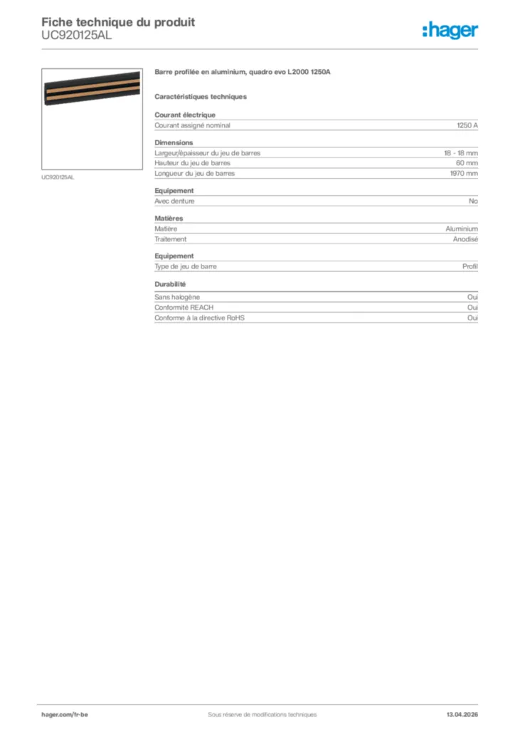 Image Hager Fiche technique du produit UC920125AL | Hager Belgique