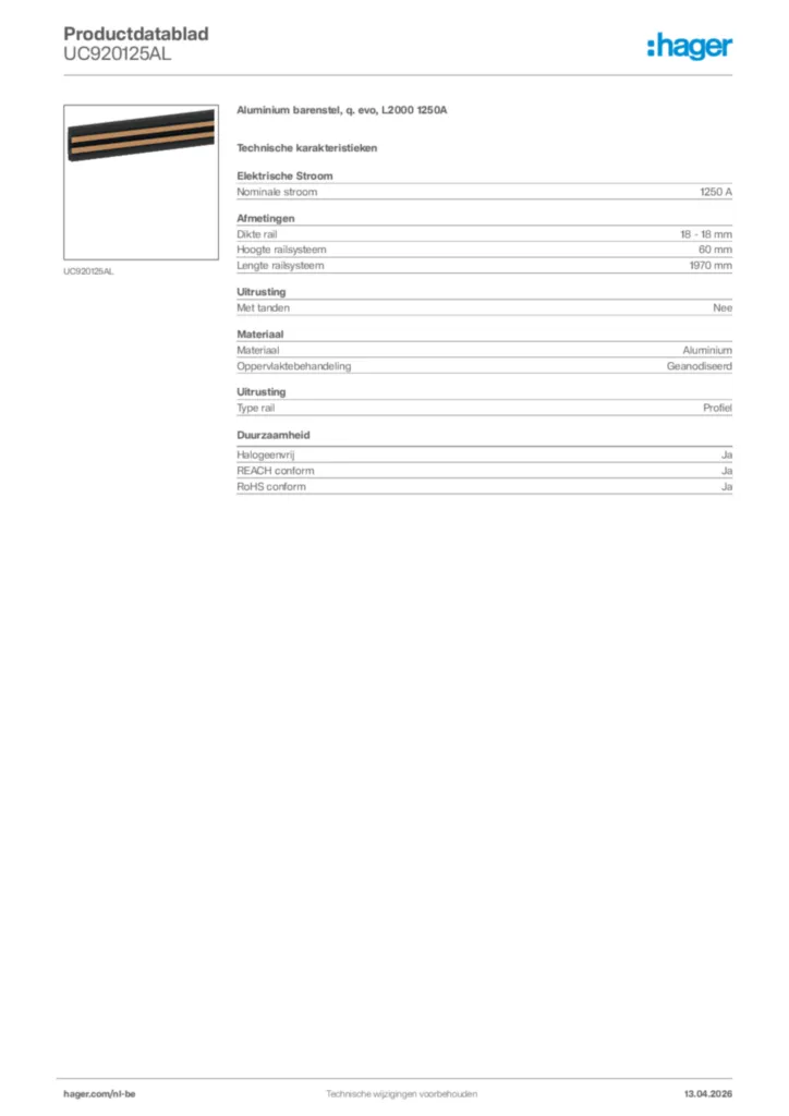 Afbeelding Hager Productdatablad UC920125AL | Hager Belgium