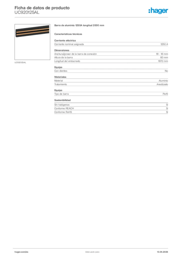 Imagen Hager Ficha de datos de producto UC920125AL | Hager España