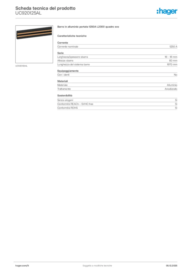 Immagine Hager Scheda tecnica del prodotto UC920125AL | Hager Italia