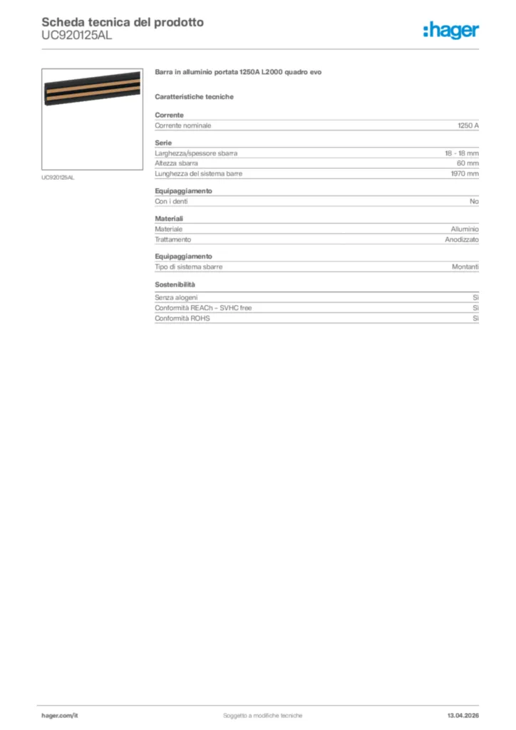 Immagine Hager Scheda tecnica del prodotto UC920125AL | Hager Italia