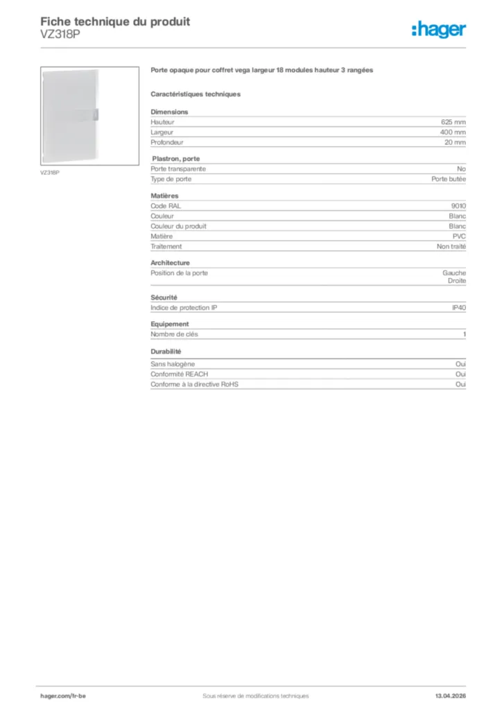 Image Hager Fiche technique du produit VZ318P | Hager Belgique