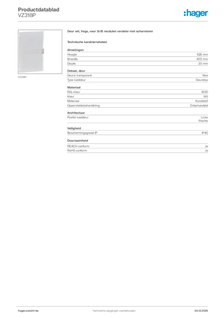 Afbeelding Hager Productdatablad VZ318P | Hager Belgium
