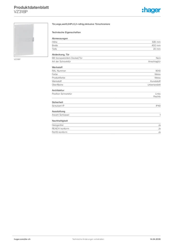 Bild Hager Produktdatenblatt VZ318P | Hager Schweiz