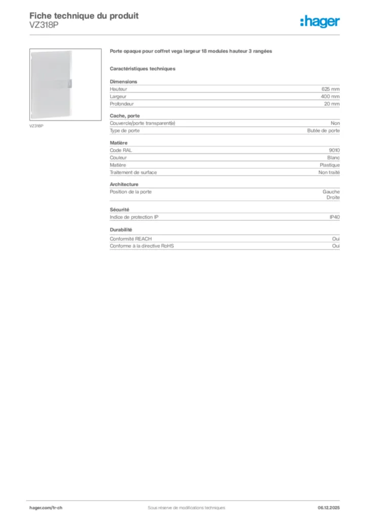 Image Hager Fiche technique du produit VZ318P | Hager Suisse
