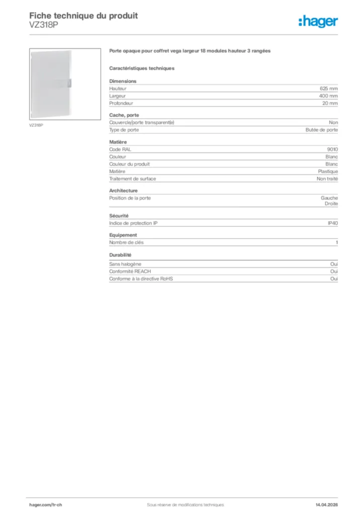 Image Hager Fiche technique du produit VZ318P | Hager Suisse