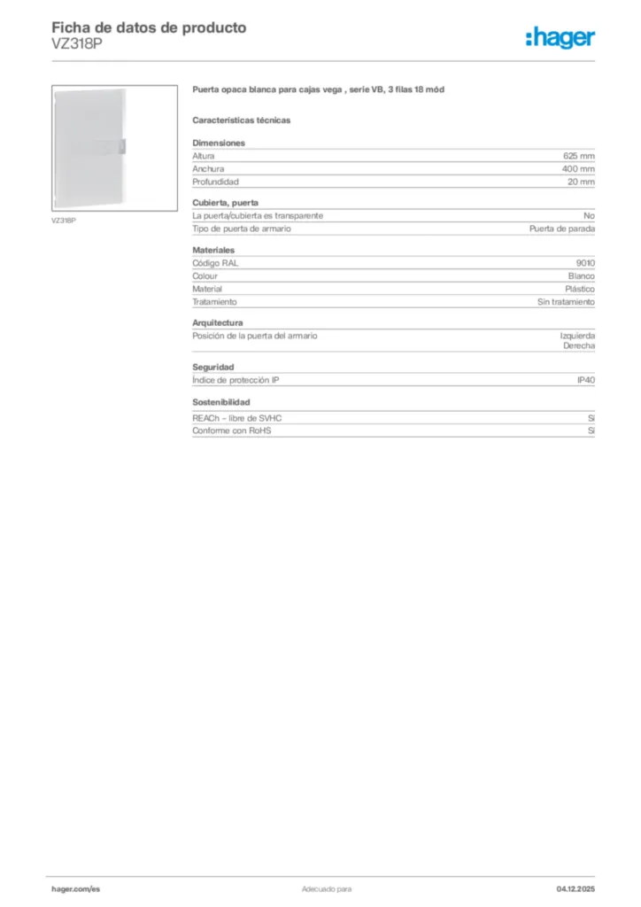 Imagen Hager Ficha de datos de producto VZ318P | Hager España