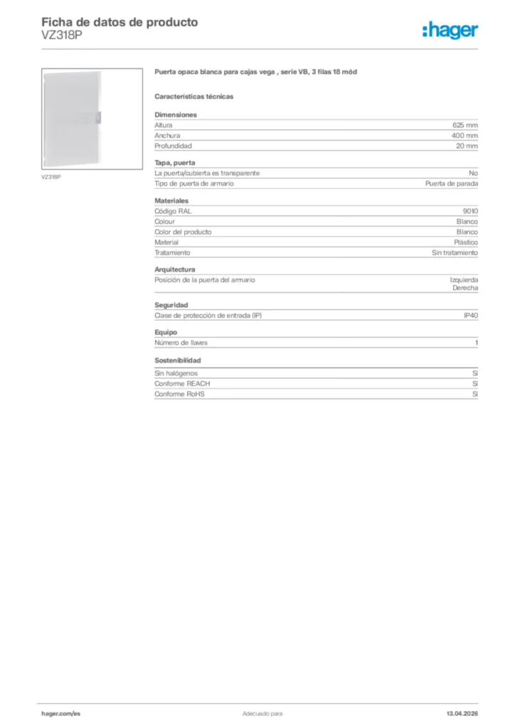 Imagen Hager Ficha de datos de producto VZ318P | Hager España