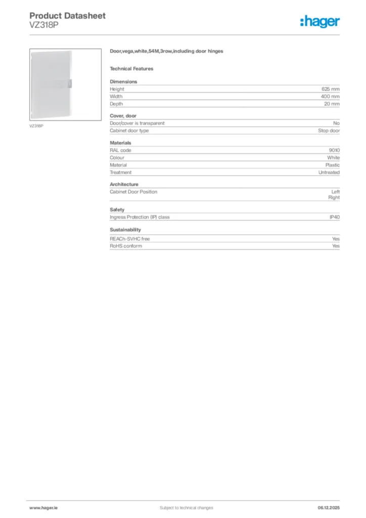 Image Hager Product data sheet VZ318P  | Hager