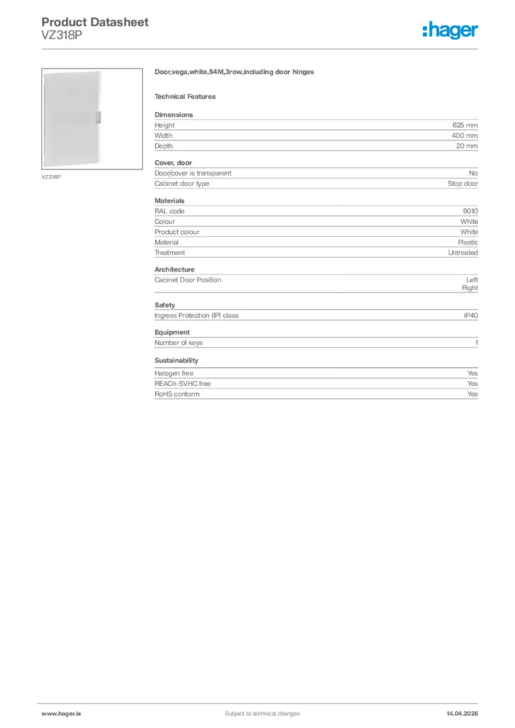 Image Hager Product data sheet VZ318P  | Hager