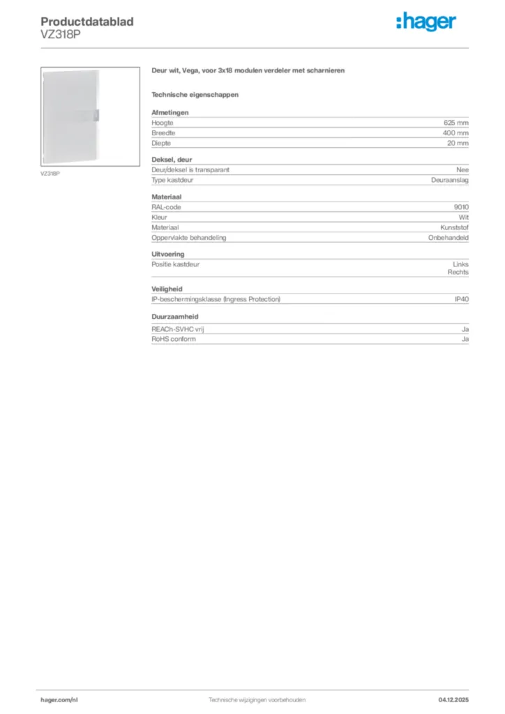 Afbeelding Hager Productdatablad VZ318P | Hager Nederland
