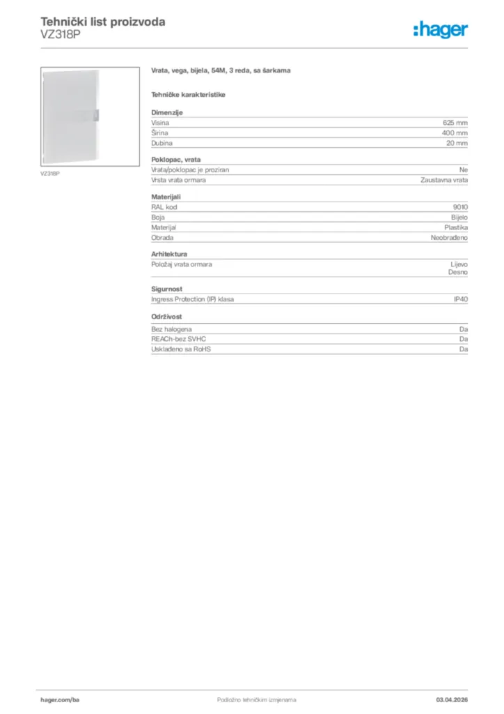 Slika Hager Tehnički list proizvoda VZ318P  | Hager