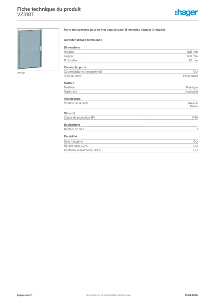 Image Hager Fiche technique du produit VZ318T | Hager France