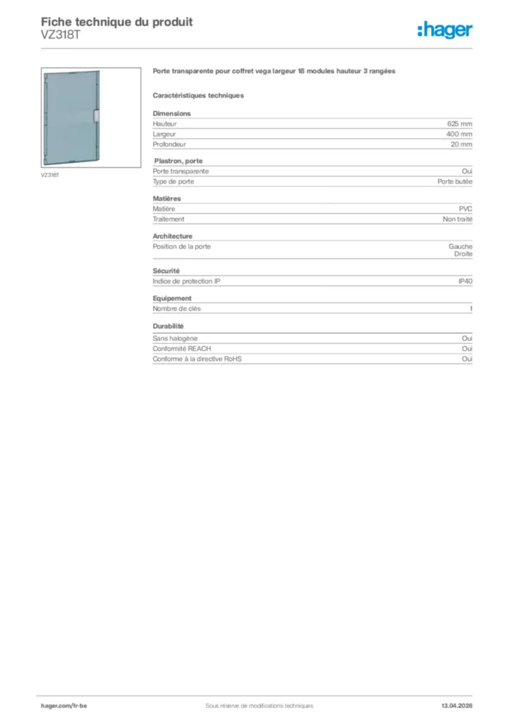 Image Hager Fiche technique du produit VZ318T | Hager Belgique