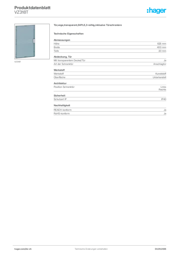 Bild Hager Produktdatenblatt VZ318T | Hager Schweiz