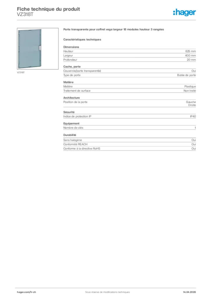 Image Hager Fiche technique du produit VZ318T | Hager Suisse