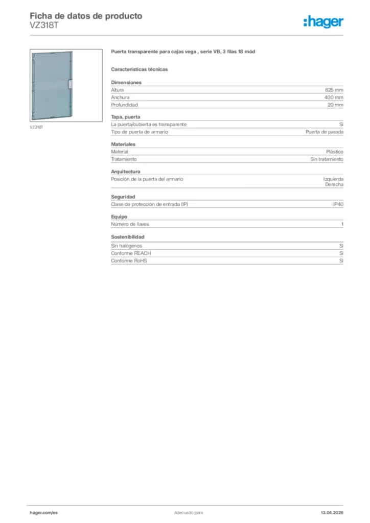Imagen Hager Ficha de datos de producto VZ318T | Hager España
