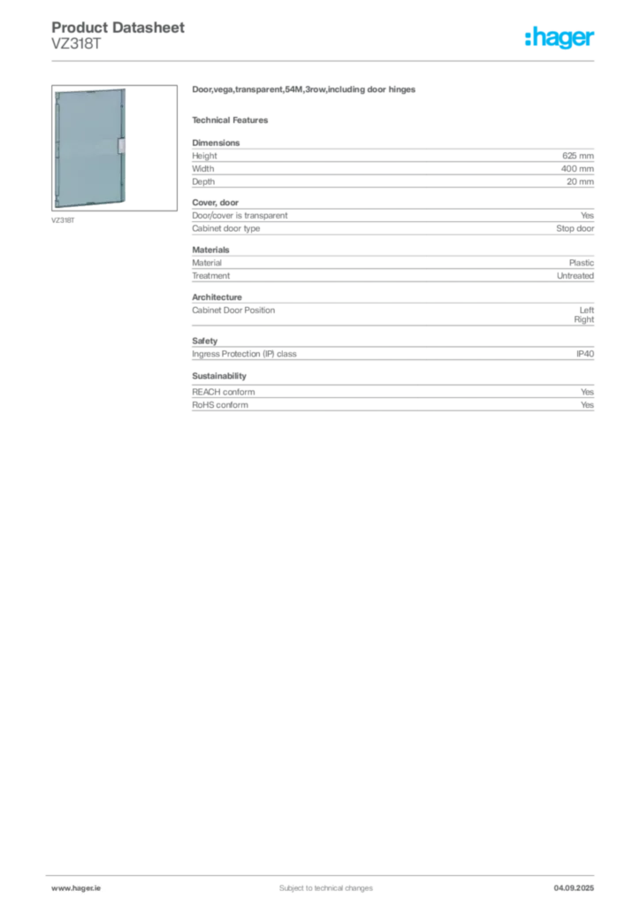 Image Hager Product data sheet VZ318T  | Hager