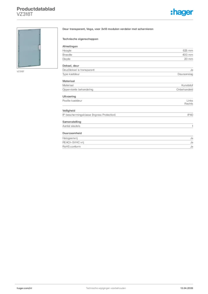 Afbeelding Hager Productdatablad VZ318T | Hager Nederland