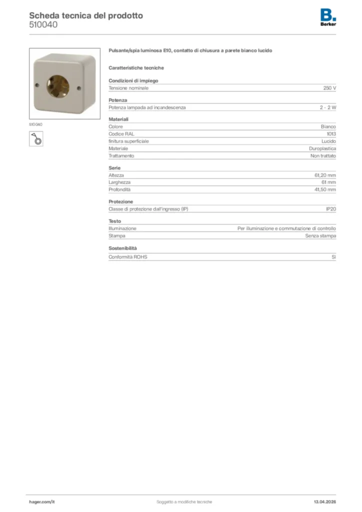 Immagine Berker Scheda tecnica del prodotto 510040 | Hager Italia