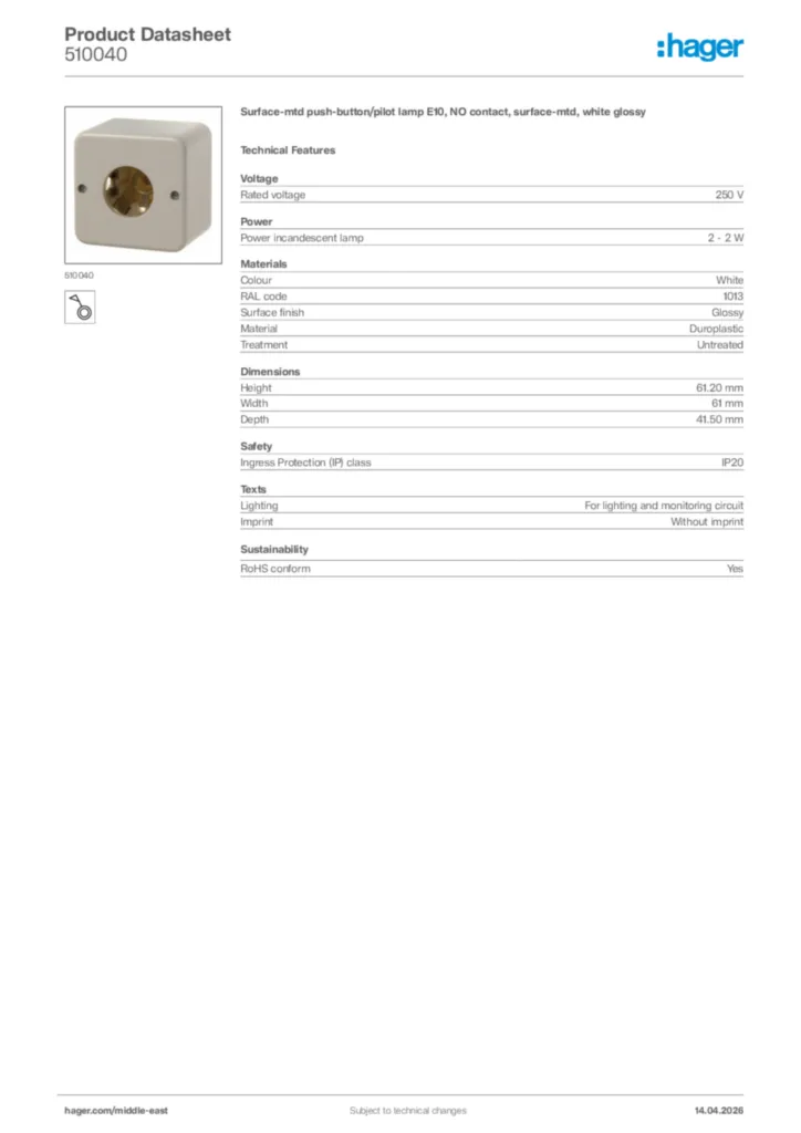 Image Hager Product data sheet 510040  | Hager