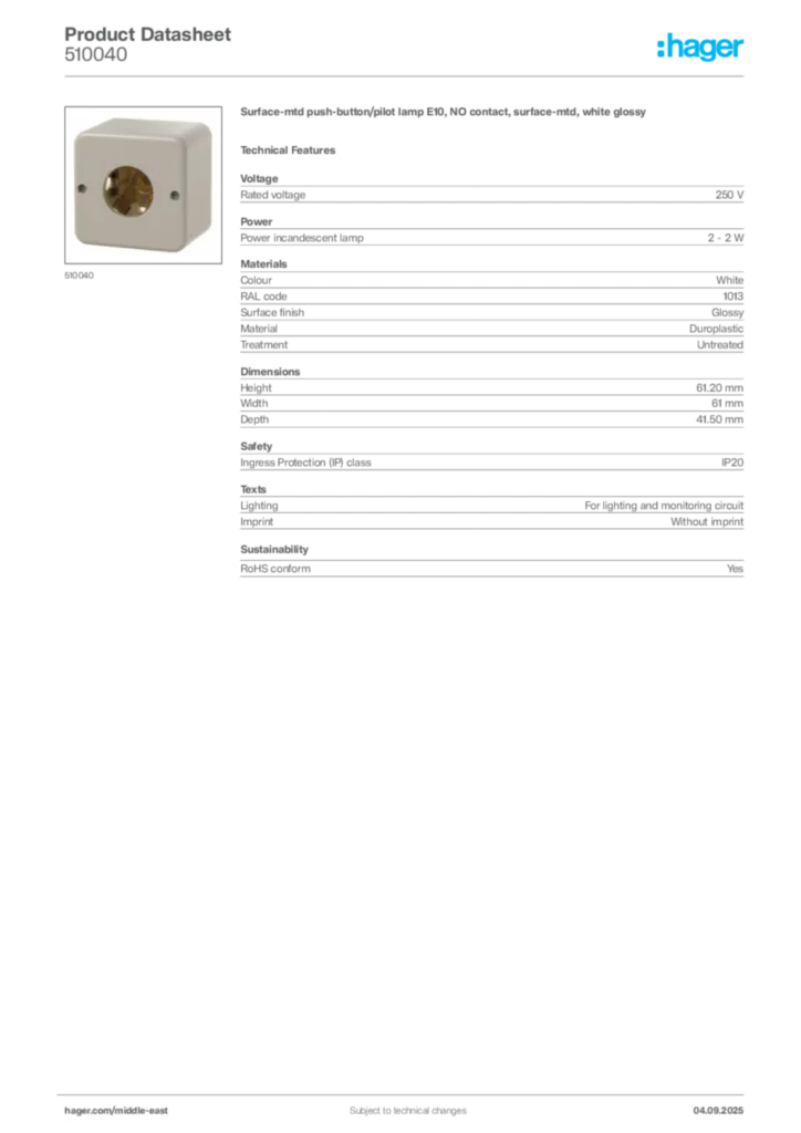 Image Hager Product data sheet 510040  | Hager