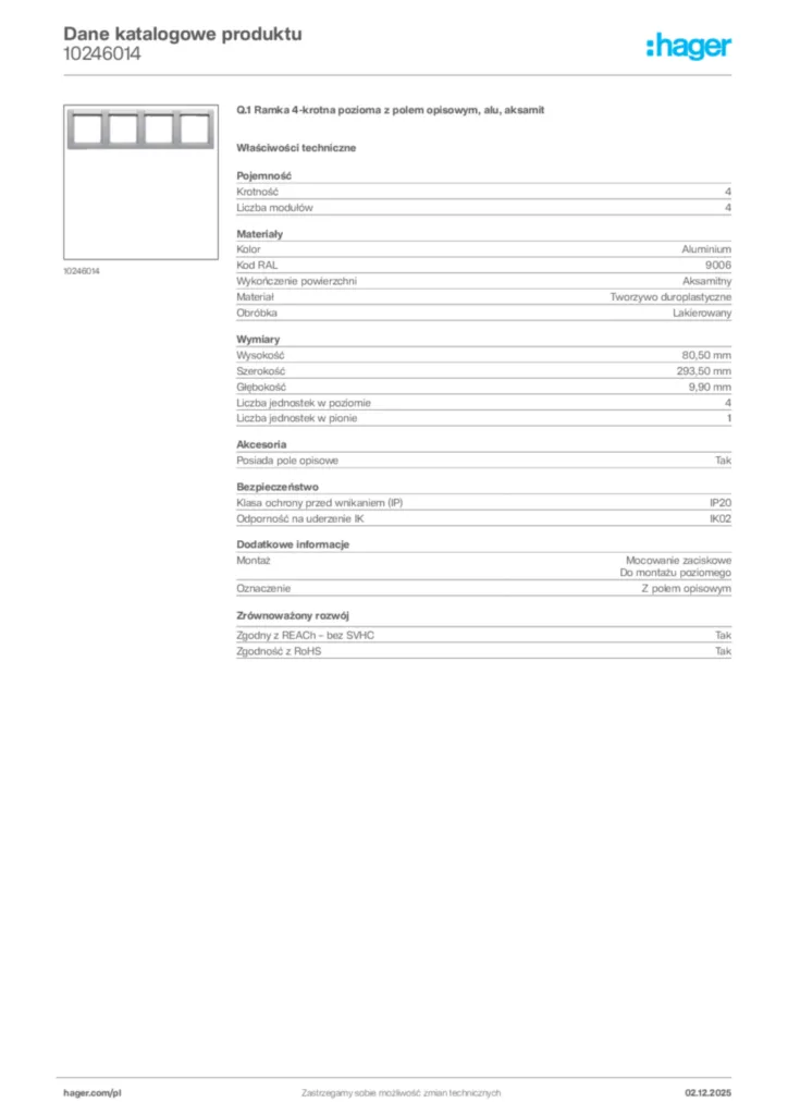Zdjęcie Hager Dane katalogowe produktu 10246014 | Hager Polska