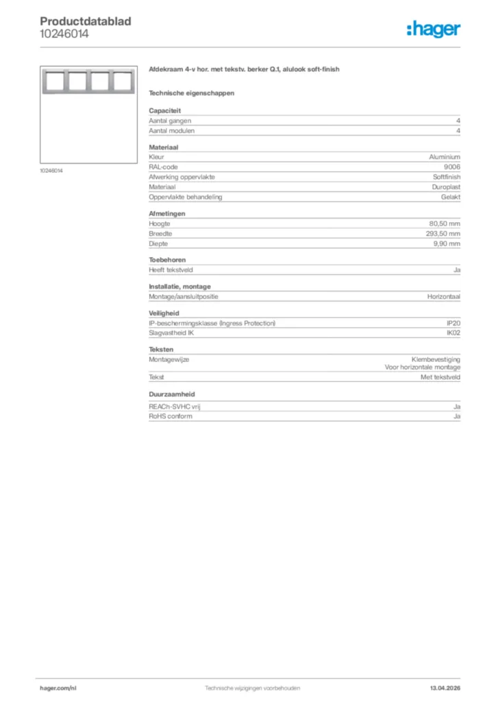 Afbeelding Hager Productdatablad 10246014 | Hager Nederland