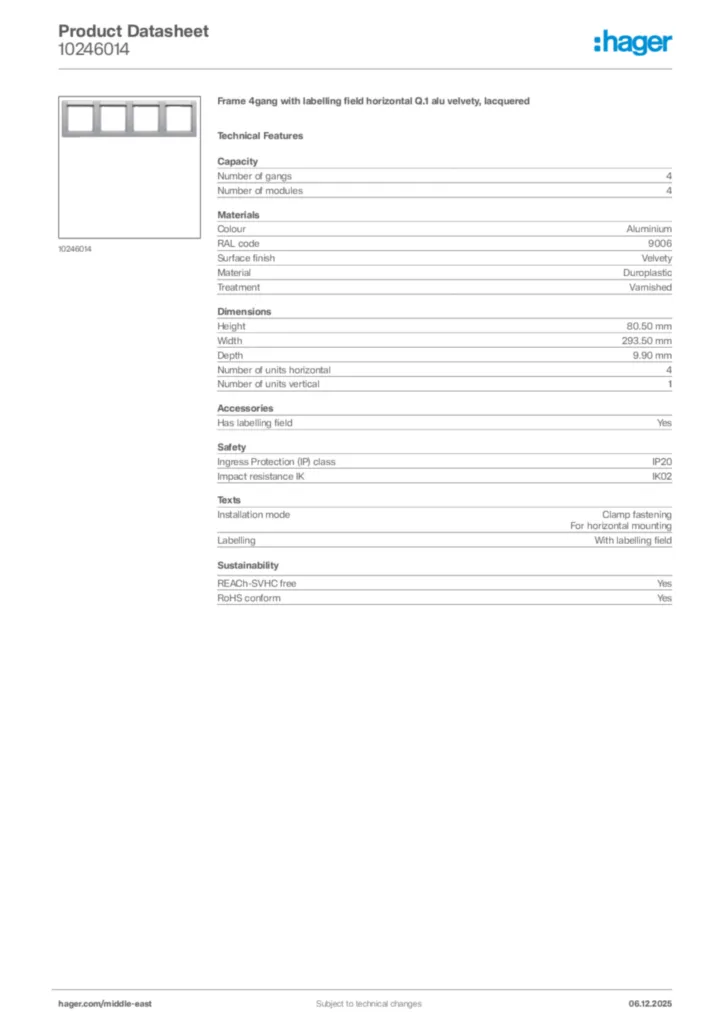 Image Hager Product data sheet 10246014  | Hager