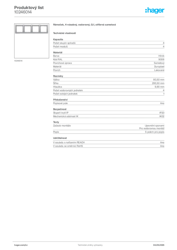 Obrázek Hager Produktový list 10246014 | Hager