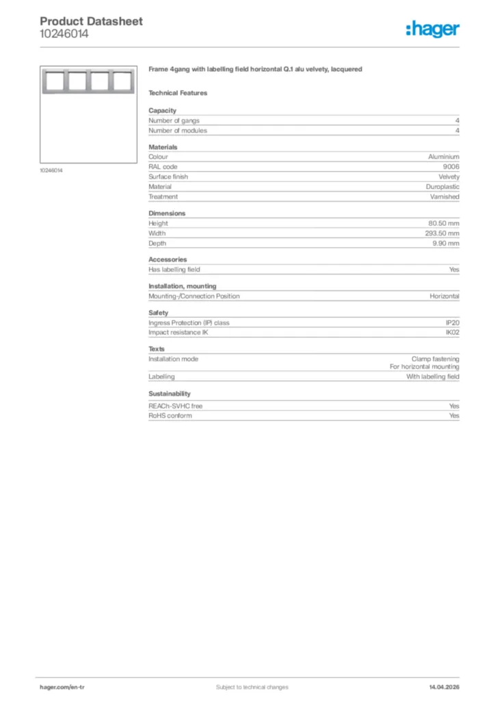 Image Hager Product data sheet 10246014  | Hager