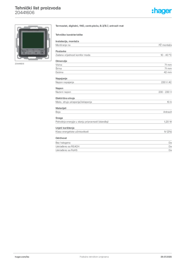 Slika Hager Product data sheet 20441606  | Hager