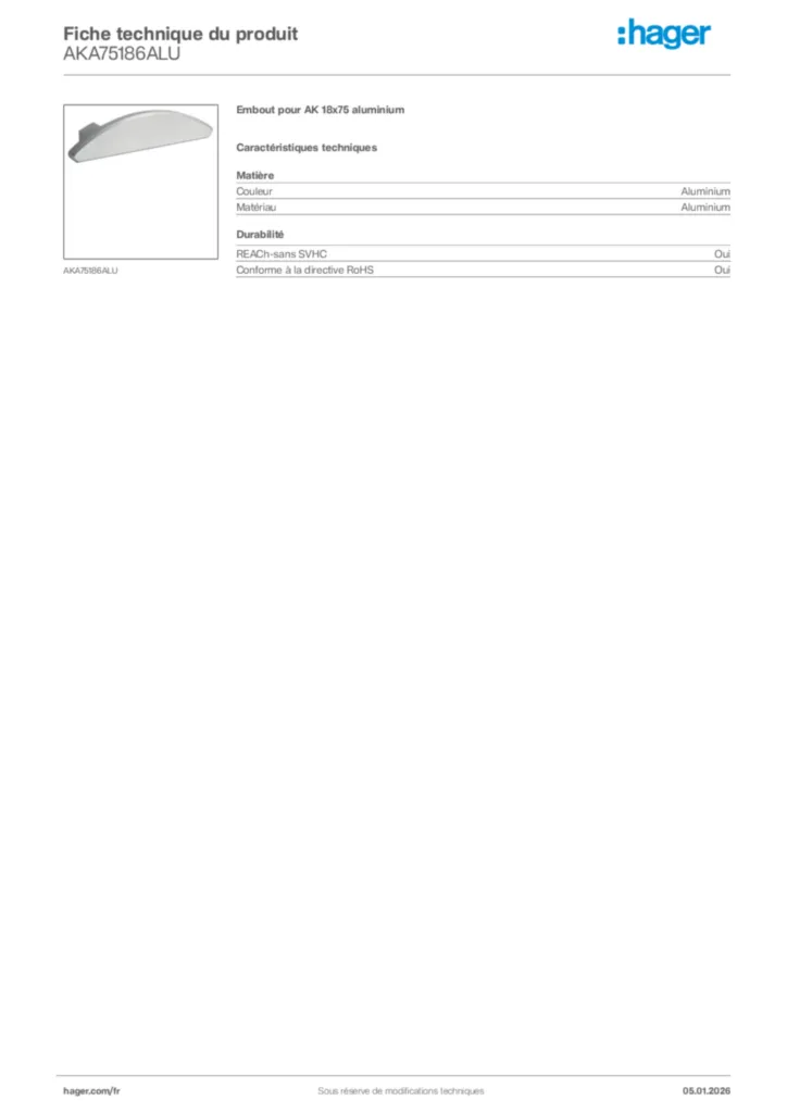 Image Hager Fiche technique du produit AKA75186ALU | Hager France