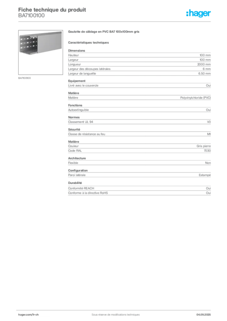Image Hager Fiche technique du produit BA7100100 | Hager Suisse