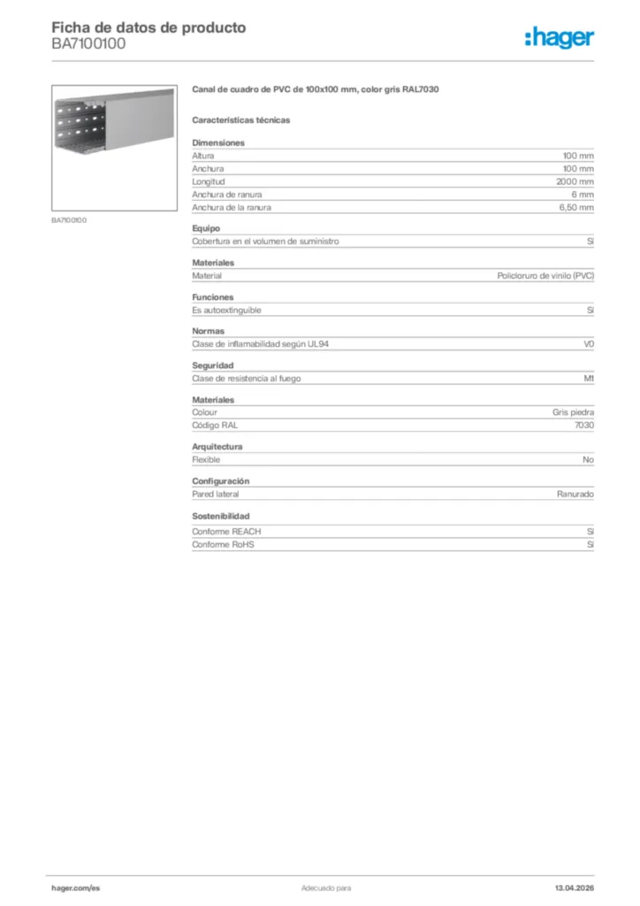 Imagen Hager Ficha de datos de producto BA7100100 | Hager España
