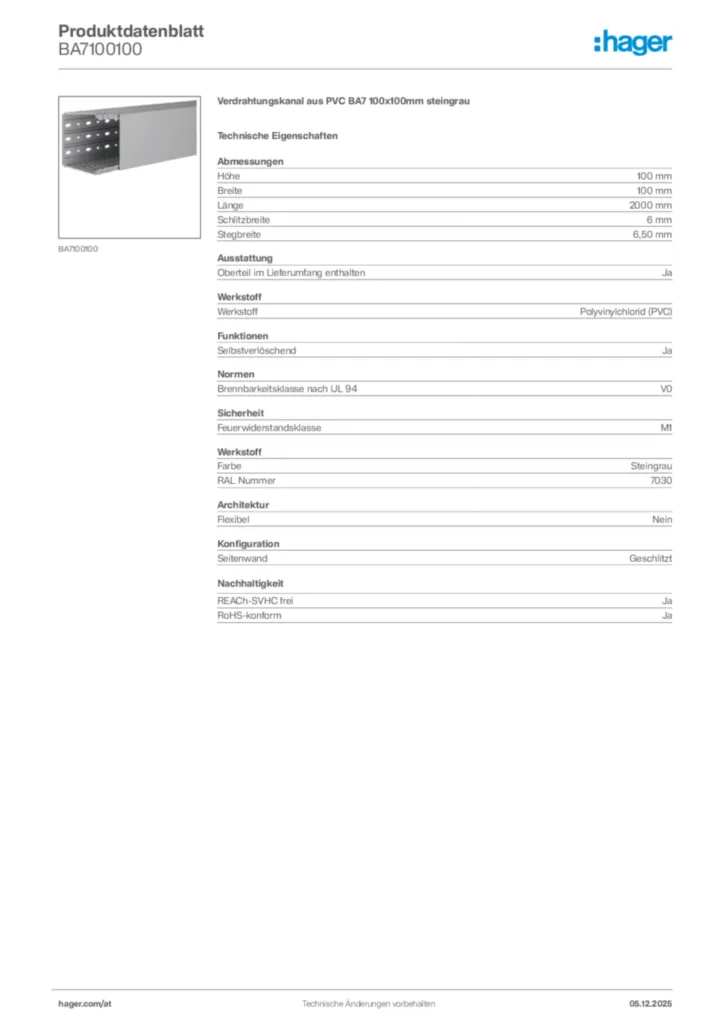 Bild Hager Produktdatenblatt BA7100100 | Hager Deutschland